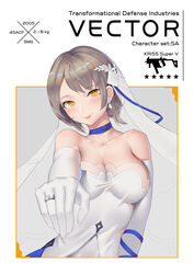  absurdres bare_shoulders blush breasts bridal_veil brown_hair chinese_commentary choker cleavage closed_mouth collarbone commentary_request dress earrings elbow_gloves female girls&#039;_frontline gloves highres jewelry large_breasts looking_at_viewer off-shoulder_dress off_shoulder official_alternate_costume ornate_ring ring short_hair solo star_(symbol) vector_(ardent_devotion)_(girls&#039;_frontline) vector_(girls&#039;_frontline) veil wedding_dress wedding_ring white_gloves xian_yu_zhanshi yellow_eyes 