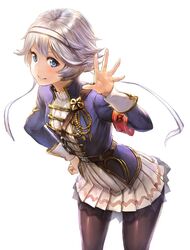  ahoge aiguillette armlet bad_id bad_twitter_id belt blue_eyes blue_jacket blush brown_pantyhose buckle closed_mouth cowboy_shot dress farrah_(granblue_fantasy) female fourragere granblue_fantasy hairband hand_on_own_hip jacket leaning_forward long_sleeves looking_at_viewer matsuo_shogo military military_uniform open_clothes open_jacket palms pantyhose pleated_dress see-through shoulder_belt sleeves_pushed_up smile solo spread_fingers standing tareme uniform waving white_dress white_hair 