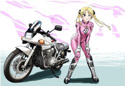  ;) bakuon!! biker_clothes bikesuit blonde_hair bodysuit commentary_request female mitsun_(nhw20-b) motor_vehicle motorcycle one_eye_closed pink_bodysuit smile solo suzuki_(company) suzunoki_rin vehicle_focus 