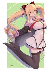  animal_ears azur_lane blonde_hair breasts candy collarbone collared_shirt commentary concord_(azur_lane) fake_animal_ears female food hair_ribbon hairband headphones highres ice_cream ice_cream_cone jacket jumping large_breasts lollipop long_hair photoshop_(medium) pleated_skirt red_eyes ribbon shirt skirt solo star-shaped_pupils star_(symbol) symbol-shaped_pupils thighhighs twintails very_long_hair you_ni_ge_shaobing zettai_ryouiki 