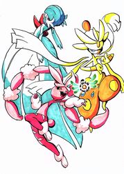  ambiguous_gender anthro biped clothed clothing feral generation_6_pokemon group hi_res humanoid lagomorph mammal mega_evolution mega_gardevoir mega_lopunny mega_medicham nintendo nude pokemon pokemon_(species) pokemon_mystery_dungeon simple_background spike_chunsoft team_charm white_background 