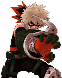  1boy armor bad_id bad_pixiv_id bakugou_katsuki belt boku_no_hero_academia eye_mask gloves grin hair_between_eyes light_brown_hair male_focus mask official_style outstretched_arm pants red_eyes simple_background smile solo spiked_hair white_background yoshitaro_(almendra) 