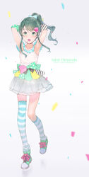  anniversary arms_up asymmetrical_clothes asymmetrical_legwear blush candy commentary_request copyright_name dress ekao female food green_eyes green_hair h-a-j-i-m-a-r-i-u-t-a-!! hair_ornament lollipop mouth_hold open_mouth ponytail serizawa_momoka short_hair single_thighhigh solo thighhighs tokyo_7th_sisters uneven_legwear 