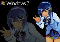  7 blue_eyes blue_hair bow madobe_nanami microsoft os-tan short_hair skirt thighhighs windows wink zoom_layer 