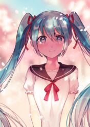  absurdres blue_eyes blurry blurry_background blush cherry_blossoms closed_mouth collarbone commentary_request dappled_sunlight day female frilled_sleeves frills gradient_hair hair_between_eyes hair_ribbon hatsune_miku heterochromia highres long_hair looking_at_viewer multicolored_hair outdoors petals pink_eyes plant red_ribbon ribbon sailor_collar shade shadow shirt short_sleeves sidelocks smile solo spring_(season) sunlight tareme tiny_(tini3030) tree twintails upper_body vocaloid white_hair white_shirt 