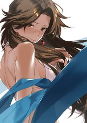  akiyoshi_haru bare_shoulders bikini bikini_top_only blush brown_eyes brown_hair commentary_request earrings female granblue_fantasy hand_in_own_hair jewelry katalina_(granblue_fantasy) looking_at_viewer looking_back simple_background solo swimsuit white_background white_bikini wind 