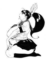  black_hair bonten breasts curvy female female hair_ribbon huge_breasts long_hair monochrome open_mouth original ponytail school_uniform simple_background sitting skirt solo tongue_out white_background 