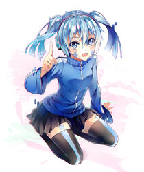  :d blue_eyes blue_hair commentary ene_(kagerou_project) female headphones holographic_interface holographic_touchscreen kagerou_project long_hair open_mouth photoshop_(medium) russian_commentary seiza short_hair sitting smile solo teka twintails 