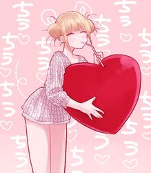  ^_^ alternate_costume bad_id bad_pixiv_id blonde_hair blunt_bangs boku_no_hero_academia closed_eyes cowboy_shot dotted_line double_bun dress drinking_straw eyelashes female hair_bun heart holding leaning_forward messy_hair mouth_hold oversized_object pink_background sidelocks sleeves_past_elbows smile solo toga_himiko yoshitaro_(almendra) 