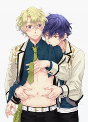  2boys aikana belly_grab belt blonde_hair blue_eyes blue_hair blush clothes_lift commentary_request ensemble_stars! green_hair long_sleeves male_focus multiple_boys navel necktie photoshop_(medium) purple_eyes sazanami_jun shirt_lift short_hair tomoe_hiyori wavy_hair yaoi yellow_eyes 