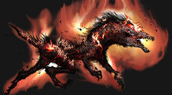  ambiguous_gender beast_(bloodborne) bloodborne canid canine canis charred charred_skin claws digitigrade domestic_dog elemental_creature feral fire fire_creature fromsoftware hi_res mammal monster official_art open_mouth sharp_teeth simple_background solo sony_corporation sony_interactive_entertainment teeth watchdog_of_the_old_lords_(bloodborne) 