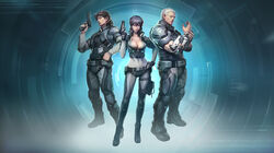  2boys arm_cannon armor backlighting batou_(gits) belt black_gloves body_armor bodysuit boots breasts brown_hair bulletproof_vest cleavage closed_mouth collarbone commentary concept_art covered_navel cyberpunk cyborg english_commentary female fingerless_gloves full_body ghost_in_the_shell ghost_in_the_shell:_stand_alone_complex_-_first_assault_online ghost_in_the_shell_stand_alone_complex gloves grey_bodysuit gun hand_on_own_hip handgun holding holding_gun holding_weapon holster knee_pads kusanagi_motoko looking_at_viewer mateba_model_6_unica medium_breasts mullet multiple_boys muscular pouch purple_hair realistic revolver science_fiction serious short_hair shoulder_pads silver_hair skin_tight standing tataar thigh_strap togusa_(gits) underbust vest weapon 