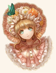  aqua_butterfly aqua_eyes bad_id bad_pixiv_id bonnet bug butterfly butterfly_on_head daisy dutch_angle female flower frills green_butterfly hat hat_flower head_tilt highres keiko_(mitakarawa) lace lace_trim light_brown_hair looking_at_viewer neck_ribbon orange_flower orange_rose original parted_lips pink_ribbon portrait purple_flower ribbon rose short_hair sidelocks simple_background solo white_background white_flower white_rose 