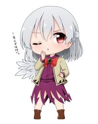  ;o ankle_boots blush boots bow bowtie brooch chibi commentary dress female grey_hair half_updo highres jacket jewelry kishin_sagume looking_at_viewer one_eye_closed red_eyes short_hair single_wing solo suwa_yasai thats_not_it touhou wings 