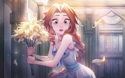  aerith_gainsborough bloom bouquet bow braid brown_hair commentary_request cowboy_shot crisis_core_final_fantasy_vii dress eyelashes female final_fantasy final_fantasy_vii flower frying_pan ginmu green_eyes hair_intakes hair_ribbon holding holding_bouquet impossible_clothes impossible_dress leaning_forward lily_(flower) long_hair looking_down open_mouth parody petals pink_bow ribbon ringlets single_braid sleeveless sleeveless_dress solo stained_glass surprised tangled 