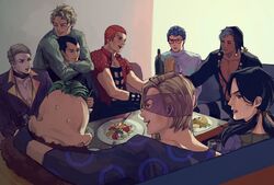  6+boys arms_around_neck bad_id bad_twitter_id black_hair black_sclera blonde_hair blue_hair bottle colored_sclera couch cup curly_hair drinking_glass food fork formaggio gelato ghiaccio glass glasses green_hair grey_hair hair_tie hat highres illuso jojo_no_kimyou_na_bouken male_focus mask melone meron_nouka multiple_boys open_mouth orange_hair pesci plate prosciutto red_eyes risotto_nero smile sorbet sweat table vento_aureo wine_bottle wine_glass 