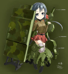  bad_id bad_pixiv_id black_hair breasts cannon dated female green_background gun highres imperial_japanese_army looking_at_viewer mecha_musume military military_uniform military_vehicle motor_vehicle o-i_(tank) personification photoshop_(medium) shasu_(lastochka) shield short_hair simple_background small_breasts solo tank translated uniform weapon world_of_tanks 