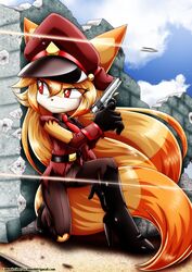  1911 2016 20th_century ancient_art anthro avoid_posting bbmbbf belt boots bullet bullet_hole canid canine clothing cloud day detailed_background digital_media_(artwork) female fennec_fox footwear fox gun handgun hi_res high_heels kelia_the_fennec mammal mobius_unleashed necktie outside palcomix pistol ranged_weapon ruins sega shoes shooting sky solo sonic_the_hedgehog_(series) torn_clothing true_fox weapon world_war_1 young young_anthro 