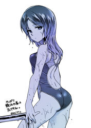  ass blue_theme breasts closed_mouth commentary_request competition_swimsuit cowboy_shot expressionless female from_behind legs_apart long_hair looking_at_viewer looking_back medium_breasts monochrome one-piece_swimsuit original photoshop_(medium) rakuji_tarahi simple_background solo standing swimsuit translated wet white_background 