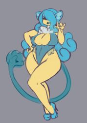  anthro big_breasts biped blue_hair blue_lips breasts clothed clothing female footwear generation_5_pokemon grey_background hair hair_over_eye hi_res high_heels lips liveforthefunk nintendo one_eye_obstructed pokemon pokemon_(species) shoes simipour simple_background solo thick_thighs wide_hips 