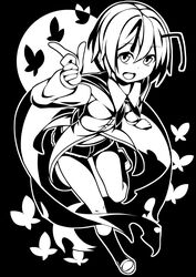  antennae bug butterfly cape commentary_request female greyscale highres mikan_(bananoha) monochrome open_mouth short_hair short_shorts shorts solo touhou wriggle_nightbug 