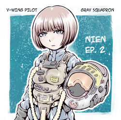  animification aurebesh blue_eyes bob_cut breasts brown_hair commentary_request cover english_text expressionless female gloves helmet highres hose looking_at_viewer md5_mismatch medium_breasts nosh pilot_suit rebel_alliance rebel_pilot science_fiction serious star_wars unworn_headwear unworn_helmet vest 