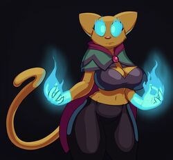  2016 anthro big_breasts breasts cleavage clothed clothing felid female glowing glowing_eyes hi_res huge_breasts katia_managan khajiit magic mammal microsoft midriff navel prequel_adventure solo the_elder_scrolls thick_thighs thingshappen wide_hips 