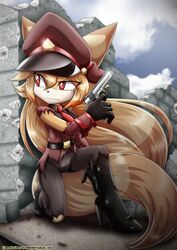  1911 2016 20th_century ancient_art anthro avoid_posting bbmbbf belt boots bullet_hole canid canine clothing cloud day detailed_background digital_media_(artwork) female fennec_fox footwear fox glock gun handgun hi_res high_heels kelia_the_fennec mammal mobius_unleashed necktie outside palcomix pistol ranged_weapon ruins sega shoes shooting sky solo sonic_the_hedgehog_(series) torn_clothing true_fox weapon world_war_1 