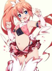  absurdres amatsuki_meguru angel_rose ass_visible_through_thighs bare_shoulders blue_eyes blush bow commentary_request covered_nipples detached_sleeves female flat_chest hairbow highres long_hair looking_at_viewer magical_girl midriff navel niko_(tama) open_mouth pink_hair shiny_clothes shiny_skin side_ponytail simple_background skirt solo teeth thighhighs thong twin_angel twin_angel_break white_background white_thighhighs 