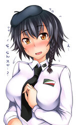  anzio_school_uniform bad_id bad_pixiv_id beret black_hair blush braid brown_eyes commentary_request dress_shirt embarrassed emblem female flying_sweatdrops girls_und_panzer hat hubrael italian_flag long_sleeves looking_at_viewer open_mouth pepperoni_(girls_und_panzer) school_uniform shirt short_hair side_braid solo sweatdrop translated upper_body wavy_mouth white_background white_shirt 