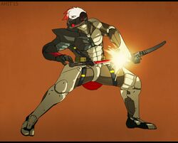  2015 amit anthro armor avian black_bars body_armor cybernetics cyborg feathers jetstream_sam katana konami letterbox machine melee_weapon metal_gear metal_gear_rising:_revengeance orange_background orange_eyes platinumgames simple_background solo sword sword_sheath unsheathing_sword unsheathing_weapon weapon 