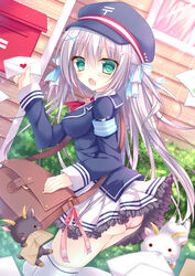  :3 :o aqua_eyes bad_id bad_pixiv_id bag blush breasts chestnut_mouth clothes_lift female goat green_hair hair_ornament hair_ribbon hairclip hat heart highres holding jacket japanese_postal_mark kohinata_hoshimi letter long_hair looking_at_viewer mailbox_(incoming_mail) mailman medium_breasts moe2016 open_mouth original outdoors panties pantyshot pink_panties ribbon shoulder_bag skirt skirt_lift solo sparkle sunlight thighhighs underwear white_thighhighs wind wind_lift window wooden_wall wristband x_hair_ornament 