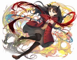  black_hair black_pantyhose black_skirt blue_eyes bow casting_spell coat fate/stay_night fate_(series) female gandr hair_ribbon hairbow long_hair long_sleeves million_arthur_(series) open_mouth pantyhose ribbon skirt solo swirling tohsaka_rin two_side_up vest 