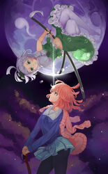  2girls absurdres bad_id bad_pixiv_id black_legwear blood_sword crossover fighting_stance full_moon green_eyes grey_hair hemokinesis highres hoshimawa konpaku_youmu kuriyama_mirai kyoukai_no_kanata midriff moon multiple_girls name_connection navel night night_sky no_eyewear no_shoes pantyhose photoshop_(medium) pleated_skirt ready_to_draw short_hair skirt sky sword touhou upside-down weapon white_legwear yellow_eyes 