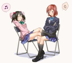  2girls anger_vein angry annoyed arms_up bad_id bad_twitter_id beamed_eighth_notes black_hair black_socks blazer blush bow bowtie cardigan chair feet feet_up folding_chair full_body hair_ornament hairbow jacket jpeg_artifacts legs_on_another&#039;s_lap legs_up loafers long_sleeves love_live! love_live!_school_idol_project multiple_girls musical_note nishikino_maki no_shoes open_mouth otonokizaka_school_uniform purple_eyes red_hair school_uniform sen&#039;yuu_yuuji shoes short_hair sitting skirt smile socks speech_bubble spoken_anger_vein spoken_musical_note twintails winter_uniform yazawa_nico 