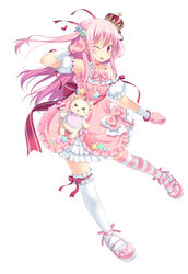  :p absurdres amamiya_minato asymmetrical_legwear bad_id bad_pixiv_id bare_shoulders candy female food gloves highres lollipop long_hair mismatched_legwear one_eye_closed original pink_hair red_eyes simple_background solo star_(symbol) swirl_lollipop thighhighs tongue tongue_out v white_background 