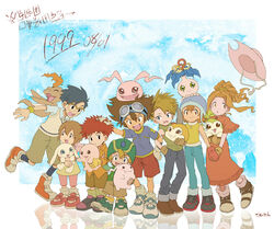  3girls 5boys :3 :d artist_name bad_id bad_pixiv_id black_eyes black_hair black_legwear blonde_hair blue_eyes bobby_socks boots brown_eyes brown_hair carrying commentary_request copyright_name cowboy_hat creature denim digimoji digimon digimon_(creature) digimon_adventure dress everyone fangs fringe_trim glasses gloves goggles goggles_on_head hand_in_pocket hand_on_another&#039;s_head hat holding_hands hood hoodie ishida_yamato izumi_koshiro jeans kido_jo kneehighs koromon locked_arms lolicon long_dress long_hair looking_at_another looking_at_viewer mochimon multiple_boys multiple_girls open_mouth orange_eyes orange_hair pants pink_legwear plotmon ponytail pukamon pyocomon red_hair reflection scarf shoes short_hair short_sleeves shorts sleeveless sleeveless_turtleneck smile sneakers socks spiked_hair standing sweat sweater_vest tachikawa_mimi takaishi_takeru takenouchi_sora tanemon temk tokomon translated tunomon turtleneck unworn_hat unworn_headwear white_legwear yagami_hikari yagami_taichi 