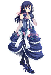  absurdres amamiya_minato bad_id bad_pixiv_id black_hair black_pantyhose blue_eyes dress elbow_gloves female finger_to_face frills full_body gloves highres long_hair looking_at_viewer original pantyhose simple_background solo standing white_background 