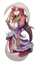  blonde_hair bracelet breasts choker colored_skin commentary_request cowboy_shot female gabby_caron gem green_eyes highres jewelry long_hair medium_breasts mermaid monster_girl necklace pink_skin rutela solo the_legend_of_zelda the_legend_of_zelda:_twilight_princess zora 