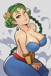  2015 breasts cleavage female green_eyes green_hair hair_ornament harvest_goddess harvest_goddess_(harvest_moon) harvest_moon large_breasts solo splashbrush wink 