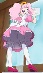  bloomers female go!_princess_precure haruyama_kazunori looking_at_viewer looking_back maid pantyhose personification pink_eyes pink_hair pink_skirt precure puff_(go!_princess_precure) puff_(go!_princess_precure)_(human) skirt solo twintails underwear upskirt white_bloomers white_pantyhose 