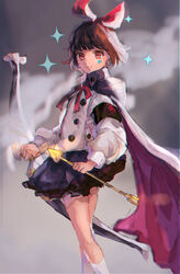  armband arrow_(projectile) bad_id bad_pixiv_id black_skirt bow bow_(weapon) brown_eyes brown_hair cape closed_mouth commentary_request facial_tattoo female hairband highres kneehighs looking_at_viewer nekoyashiki_pushio red_bow ribbon short_hair skirt socks solo standing tattoo terra_battle weapon white_socks yukken_(terra_battle) 