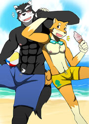  2017 anthro beach bearlovestiger13 biceps blush bulge canid canine canis clothed clothing detailed_background domestic_dog duo hi_res male male/male mammal muscular muscular_male natsume_(tooboe_bookmark) nitobe outside sand seaside skimpy sky tooboe_bookmark topless water 