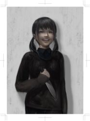  bad_id bad_pixiv_id bags_under_eyes black_hair border braces brown_eyes crazy_eyes empty_eyes female grin highres horror_(theme) knife original realistic smile solo sweater thinnesta trim_marks twintails white_border yandere 