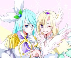  2boys androgynous ascot bishounen blonde_hair blue_eyes blue_hair blush buttons choker closed_mouth commentary cure_infini cure_waffle earrings epaulettes feathers fringe_trim gloves hair_ornament hand_on_own_chin hugtto!_precure in-franchise_crossover jewelry kirakira_precure_a_la_mode komanana320 long_hair looking_at_viewer magical_boy male_focus multiple_boys one_eye_closed pikario_(precure) precure purple_eyes smile spoilers tiara wakamiya_henri white_gloves wing_hair_ornament 