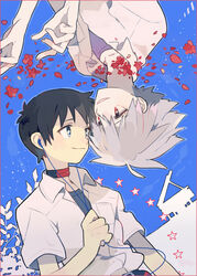  2boys bad_id bad_pixiv_id black_hair blue_eyes brown_hair duplicate earbuds earphones evangelion:_3.0_you_can_(not)_redo flower grey_hair ikari_shinji instrument male_focus multiple_boys nagisa_kaworu neon_genesis_evangelion petals piano pikaro pixel-perfect_duplicate rebuild_of_evangelion red_eyes school_uniform smile star_(symbol) white_hair 