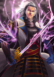  1boy armor blue_gloves bracer brown_eyes clenched_hand commentary_request electricity frown gloves grey_hair grey_sky highres japanese_armor katana male_focus original outdoors photoshop_(medium) sengoku_taisen serious sky solo standing sword tachibana_dousetsu takanori_yamada weapon 