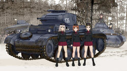  5girls akaboshi_koume black_hair blue_eyes boots brown_eyes brown_hair caterpillar_tracks commentary_request emblem flag forest fuzuki_hajime garrison_cap girls_und_panzer glasses grey_hair hat itsumi_erika katsuya_megu kojima_emi kuromorimine_(emblem) kuromorimine_military_uniform long_hair looking_at_viewer md5_mismatch military military_uniform military_vehicle motor_vehicle multiple_girls nature nishizumi_miho panzer_i panzer_ii school_uniform short_hair skirt smile snow tank tree uniform 