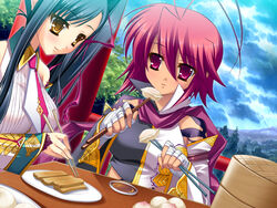  2girls antenna_hair black_hair blush chopsticks food game_cg kan&#039;u katagiri_hinata koihime_musou long_hair multiple_girls pink_eyes pink_hair ponytail ryofu short_hair tattoo yellow_eyes 