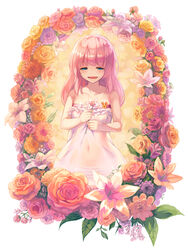  :o aqua_eyes blush commentary_request covered_navel dress female flower highres holding holding_flower lily_(flower) long_hair md5_mismatch original panties photoshop_(medium) pink_hair see-through solo standing striped_clothes striped_panties takanori_yamada underwear white_dress 